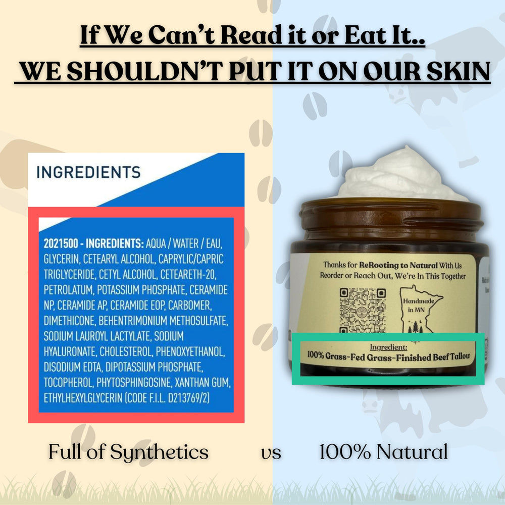 Application des mains avec le Baume Tallow Nu de Reroot Organics, hydratation ciblée.