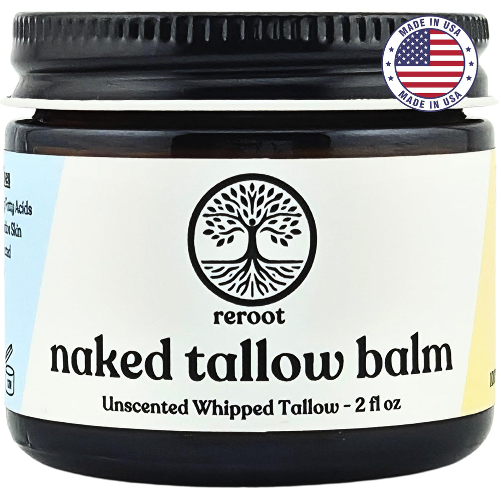Baume Tallow Nu de Reroot Organics dans son pot, hydratation naturelle pour tout le corps.