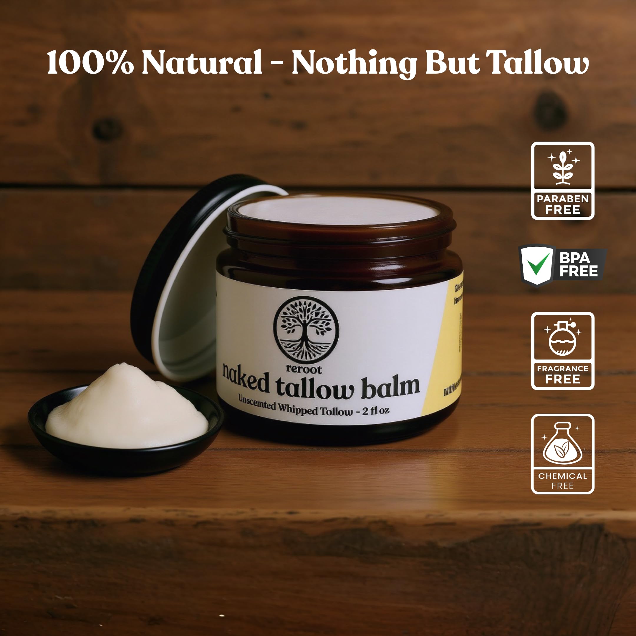 Texture crèmeuse du Baume Tallow Nu de Reroot Organics pour une application douce.
