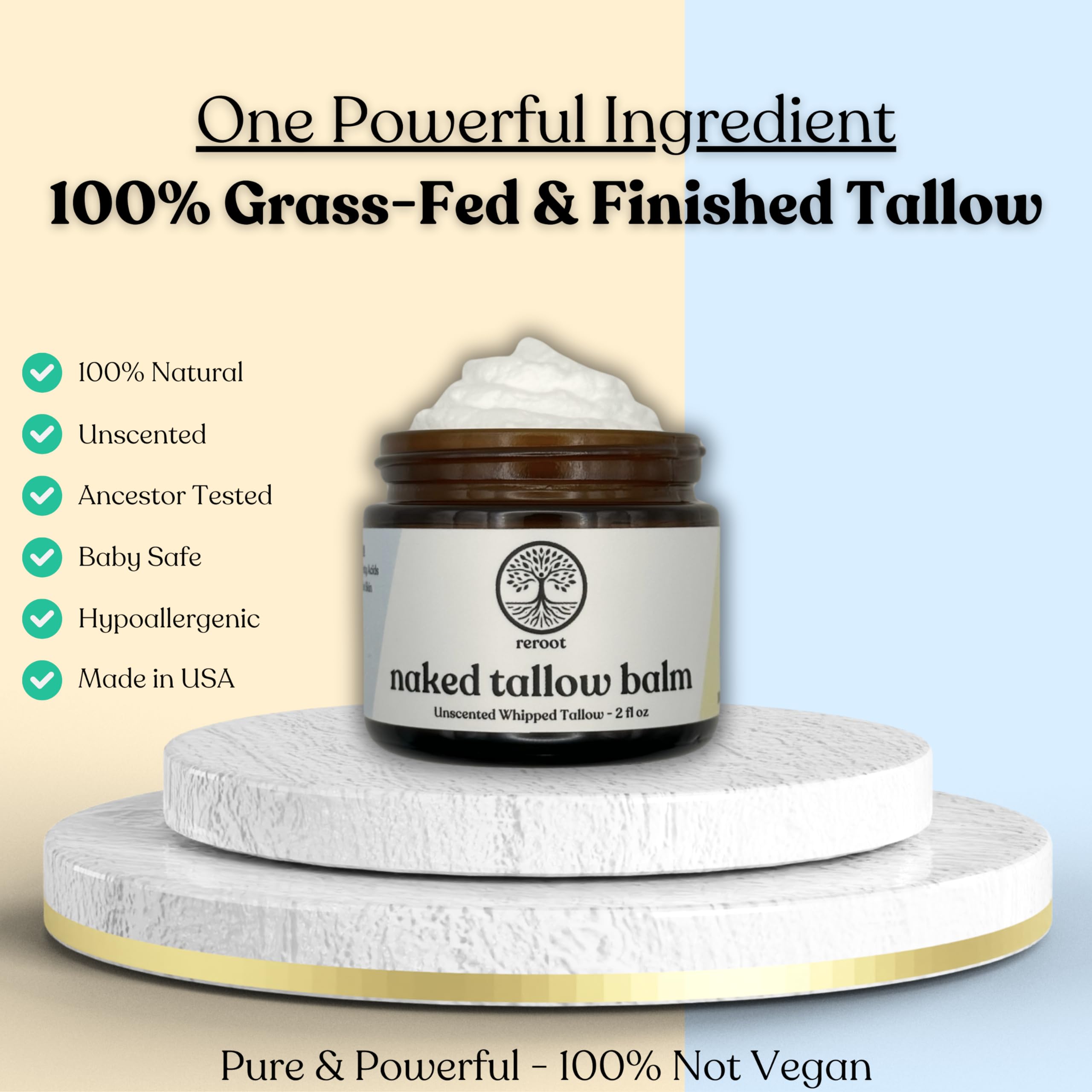 Visage apaisé et hydraté après l’application du Baume Tallow Nu de Reroot Organics.