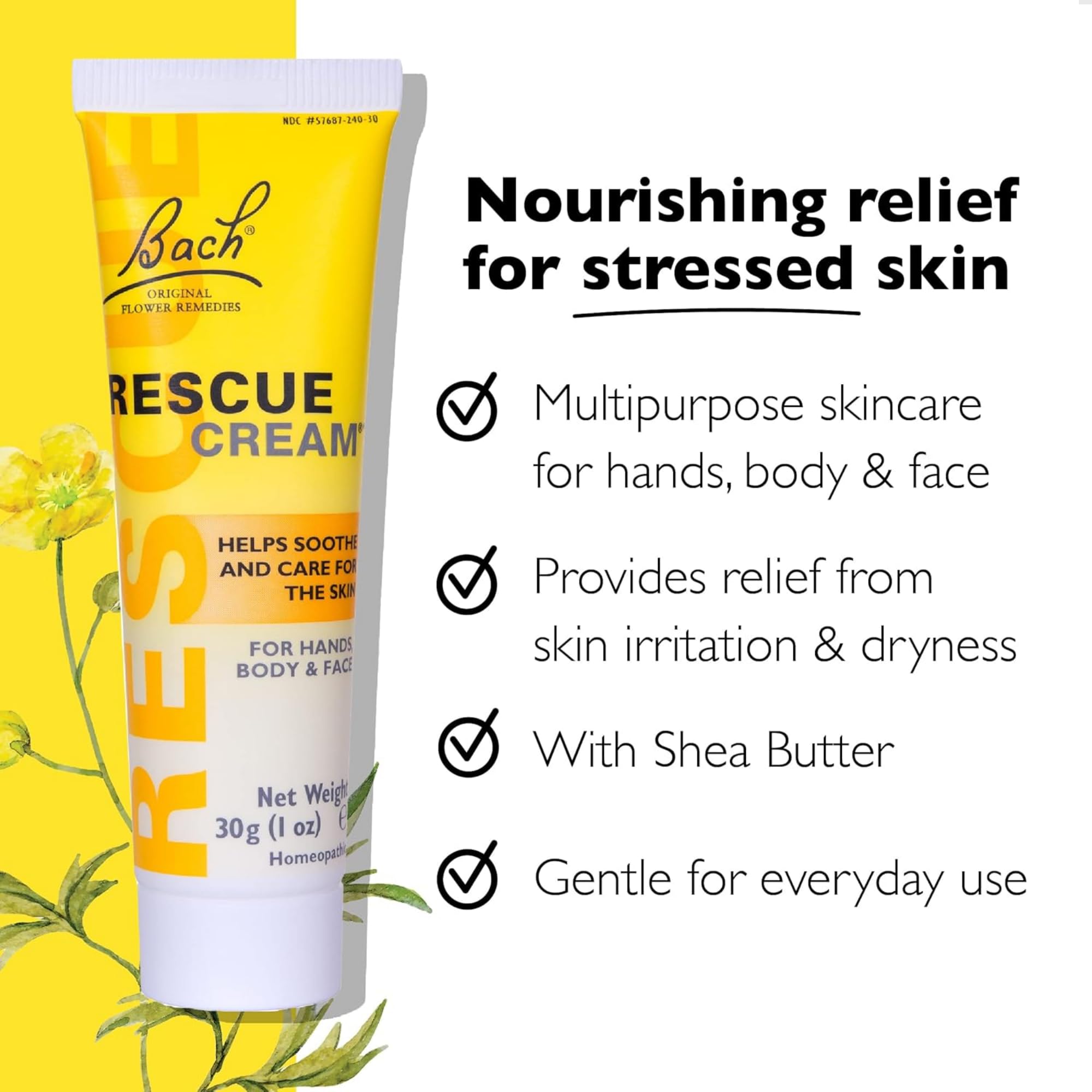 RESCUE Remedy Cream 30g label closeup highlighting quality ingredients.