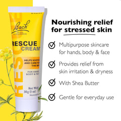 RESCUE Remedy Cream 30g label closeup highlighting quality ingredients.