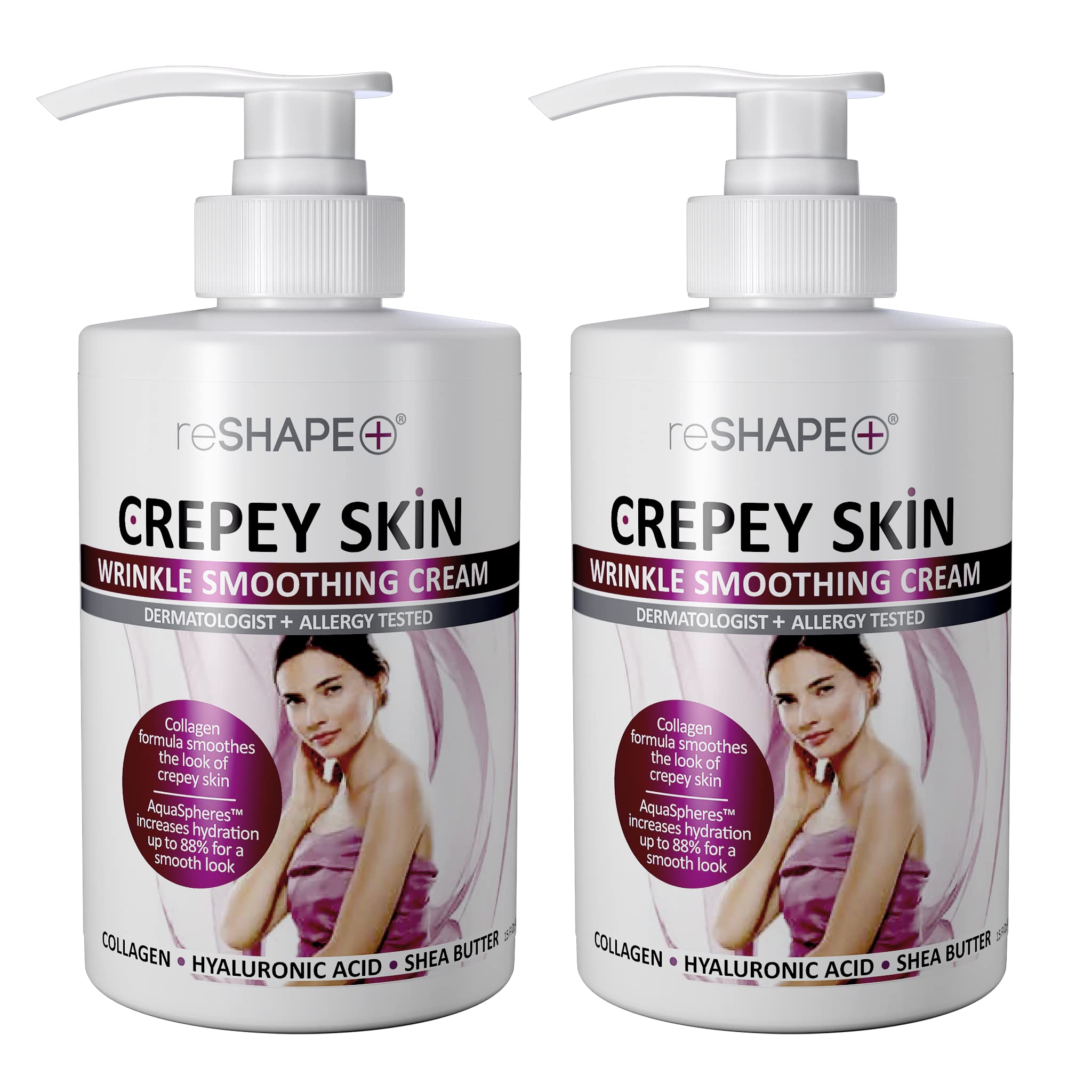 Reshape+ soin-peau crepee, bouteille pompe 15oz montrant l’application sur le cou et les bras