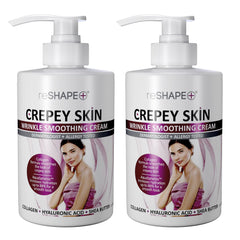 Reshape+ soin-peau crepee, bouteille pompe 15oz montrant l’application sur le cou et les bras