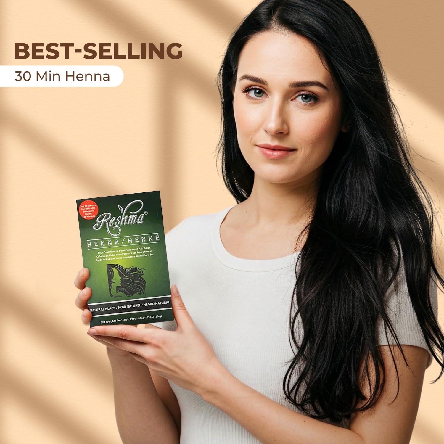 Reshma Beauty Henna noir — cheveux brillants après utilisation