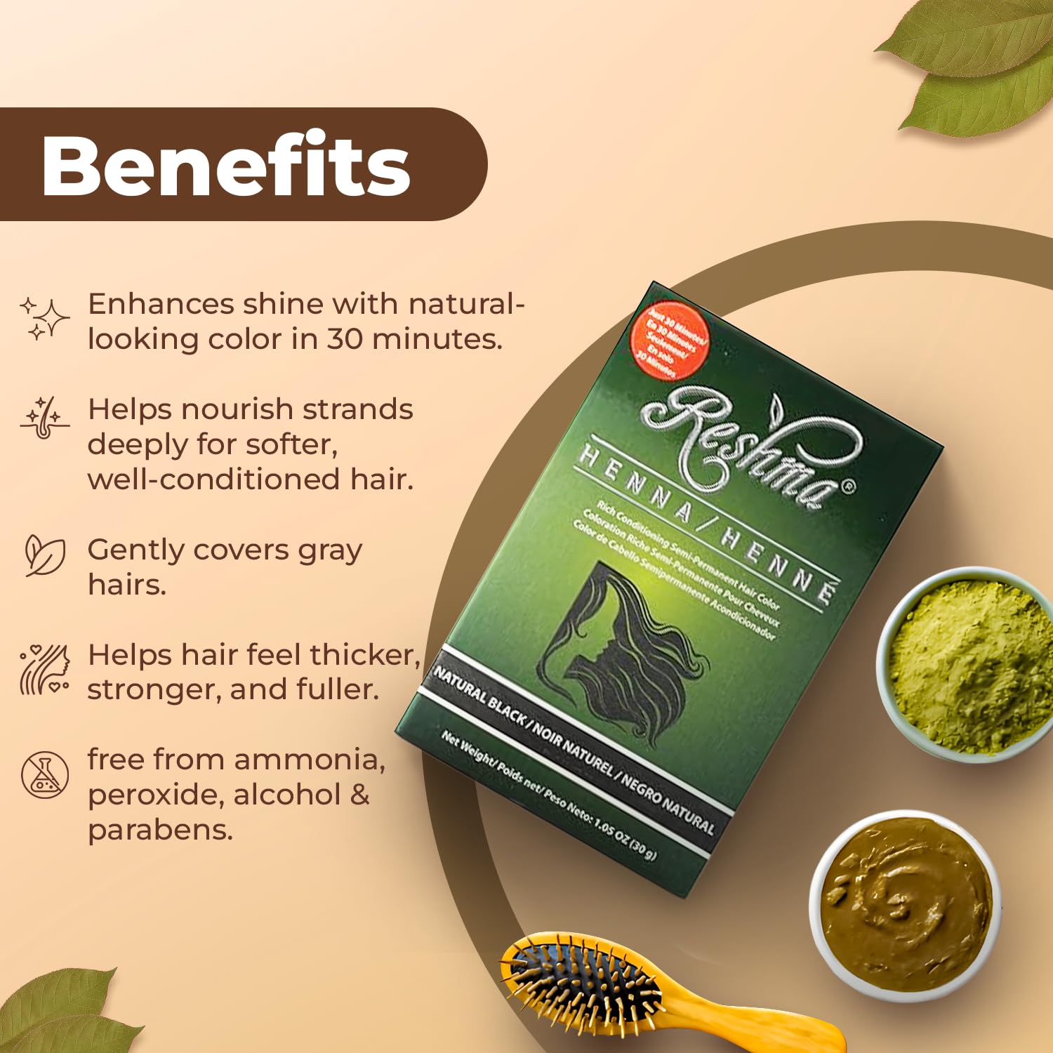 Reshma Beauty Henna noir — coloration cheveux uniforme de root à pointe