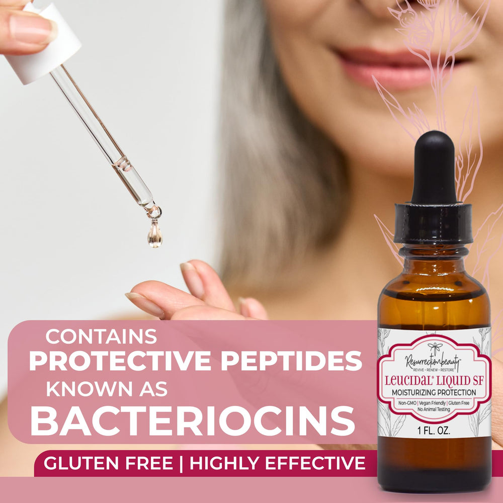 RESURRECTIONbeauty Leucidal Liquid SF – étiquette visible, démontrant son rôle dans les formules cosmétiques naturelles.