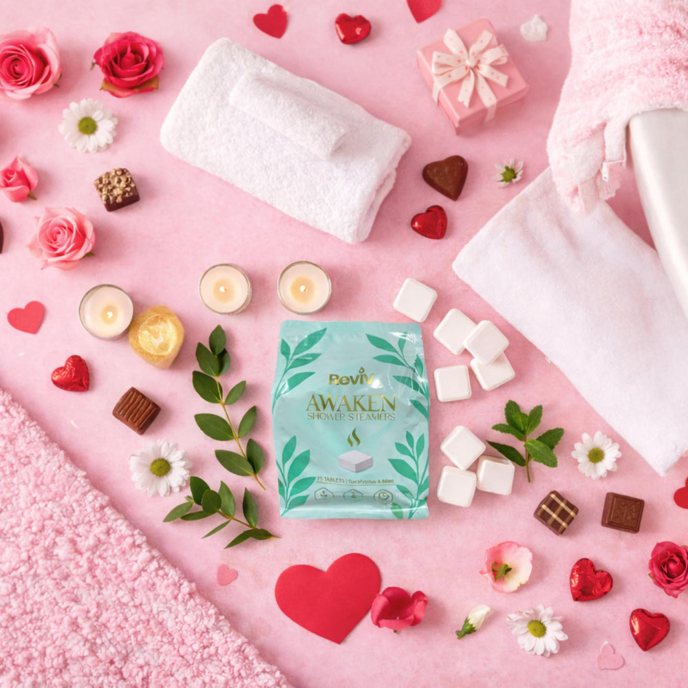 Bienfaits menthe eucalyptus REVIV, soutien éventuel pour une respiration douce près de la douche.