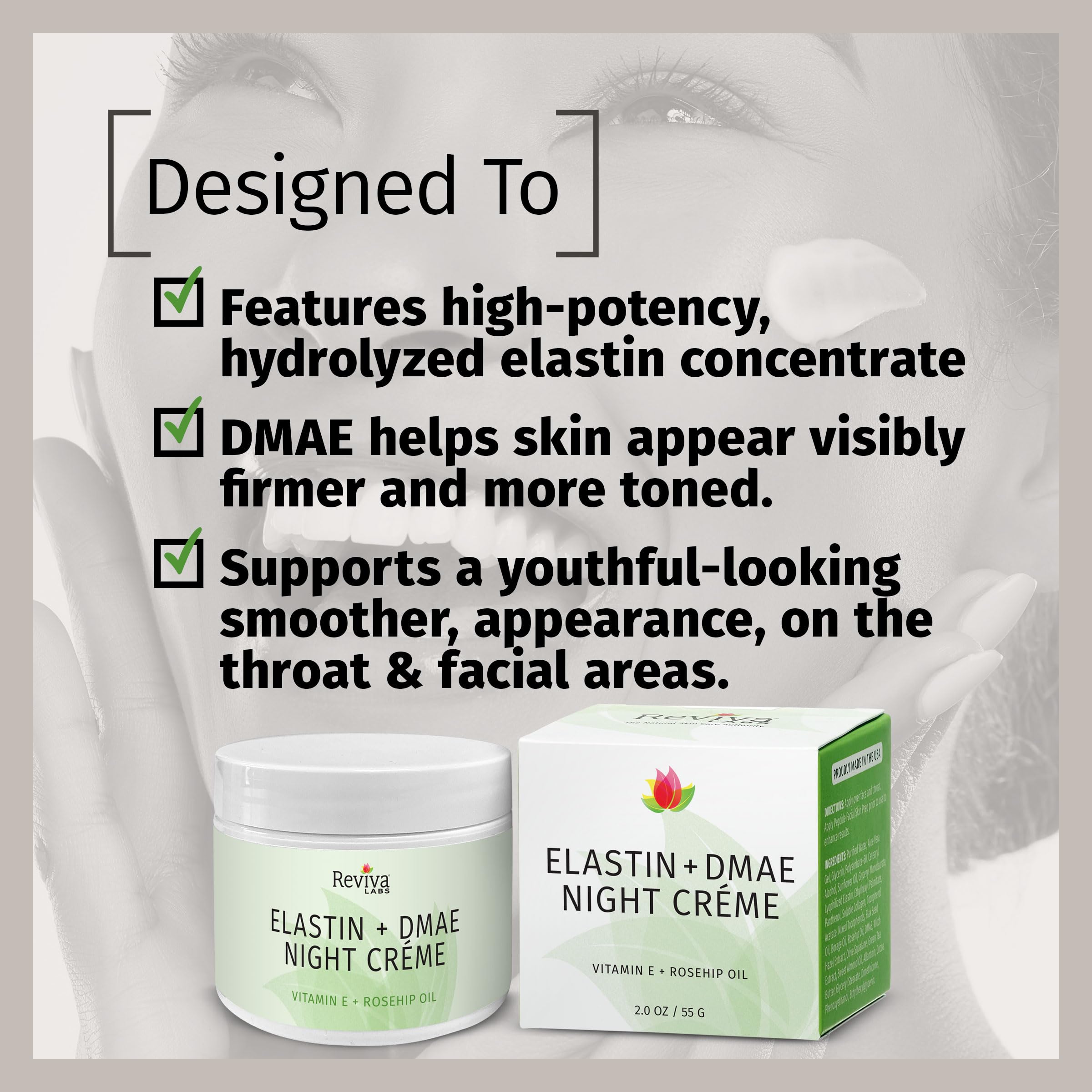 Pot Reviva Labs Crème Nuit Elastine DMAE — contenant facile à utiliser.