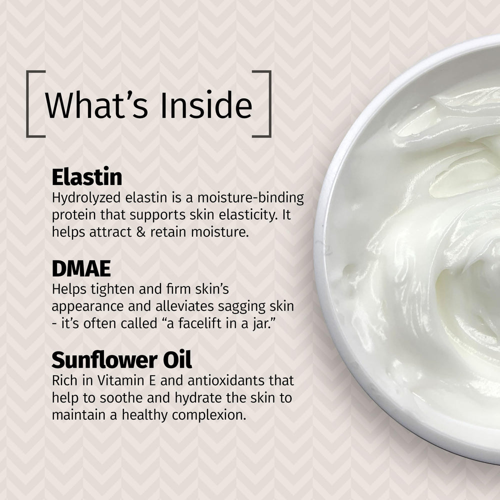 Texture crème Reviva Labs Elastine DMAE — application riche et absorbante.