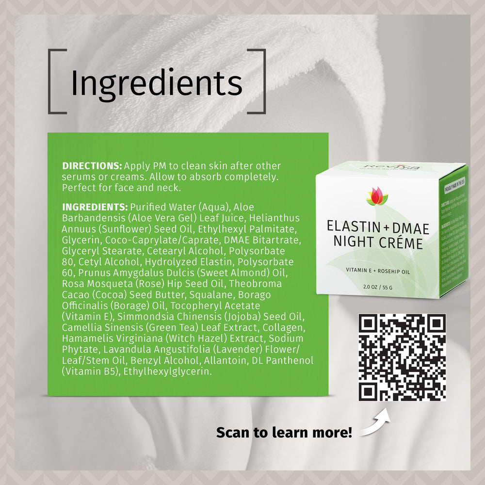 Vitamine E dans Reviva Labs Crème Nuit Elastine DMAE — antioxydants protecteurs.