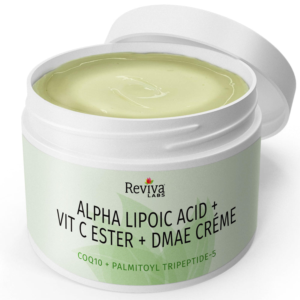 Reviva Labs DMAE Cream jar close-up emphasizing creamy texture and smooth skin