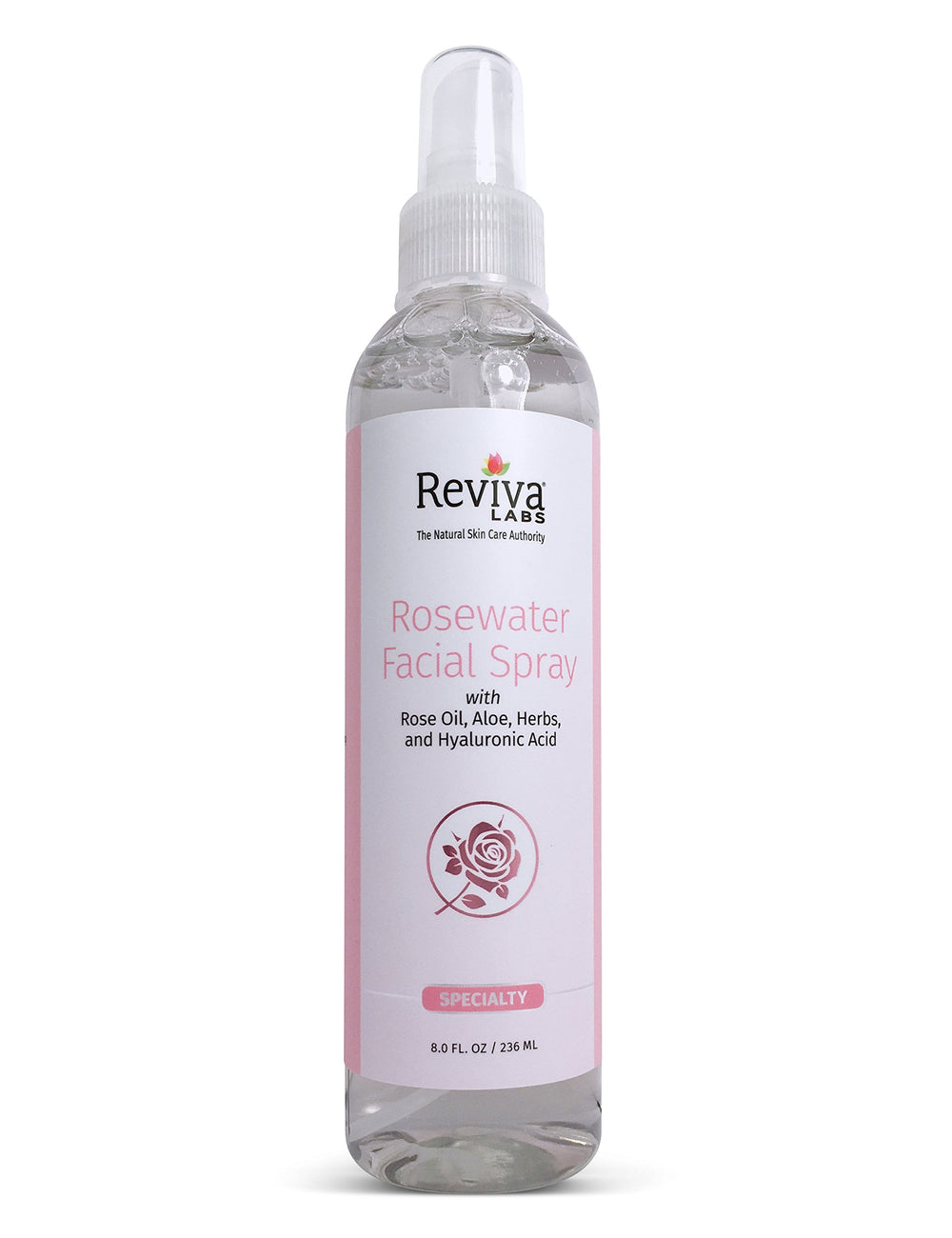 Brume visage Reviva Labs à l’eau de rose, rafraîchit et hydrate doucement la peau.