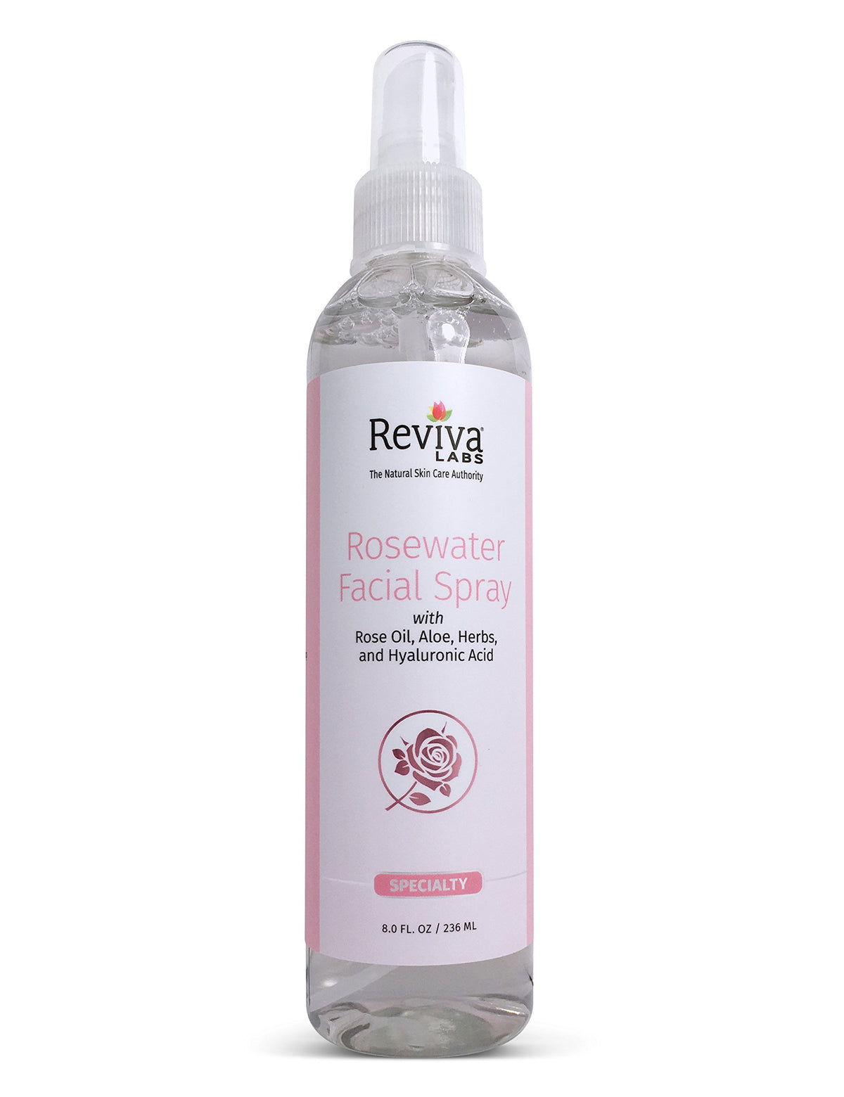 Brume visage Reviva Labs à l’eau de rose, rafraîchit et hydrate doucement la peau.