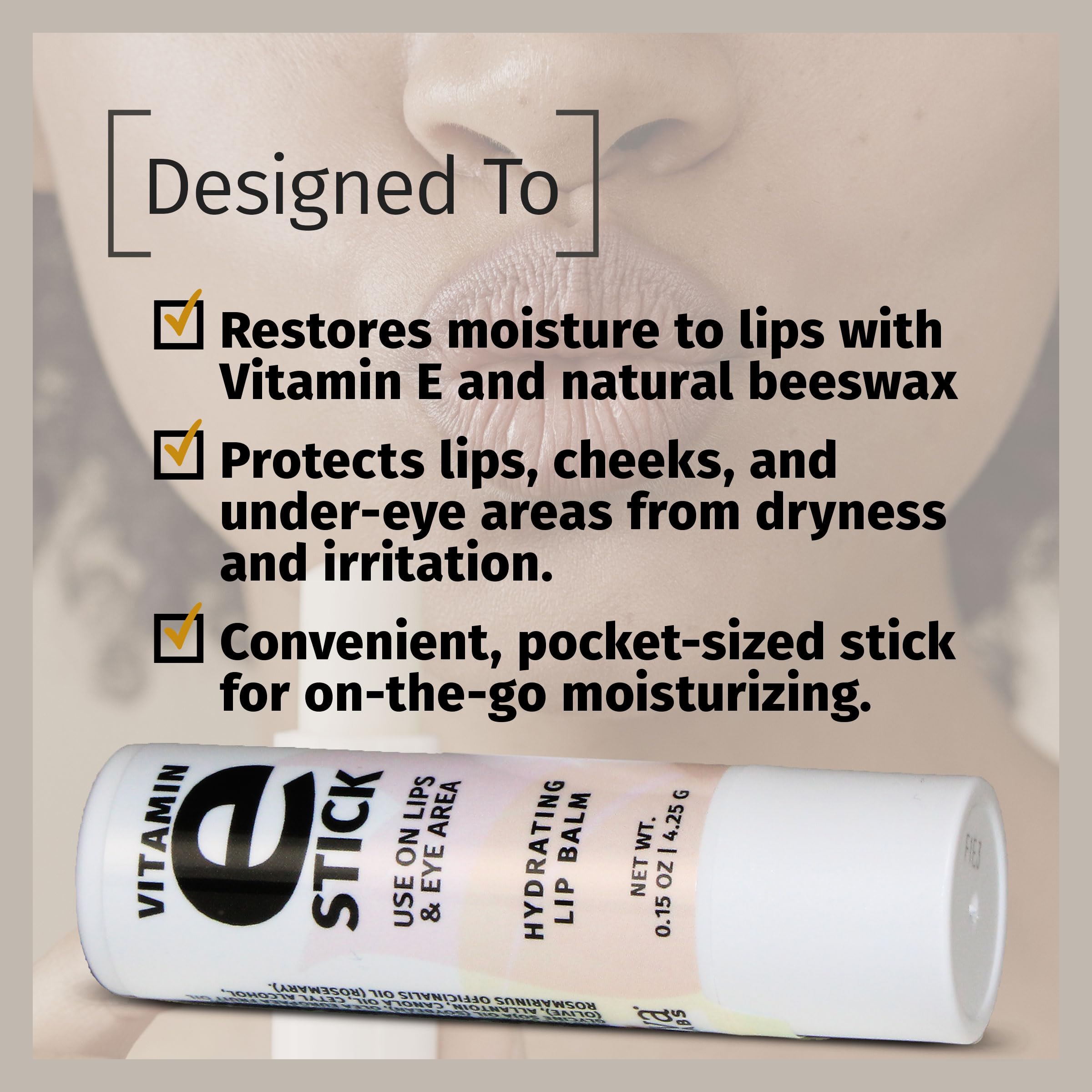Stick Reviva Labs Vitamin E appliqué sous les yeux pour un soin délicat.