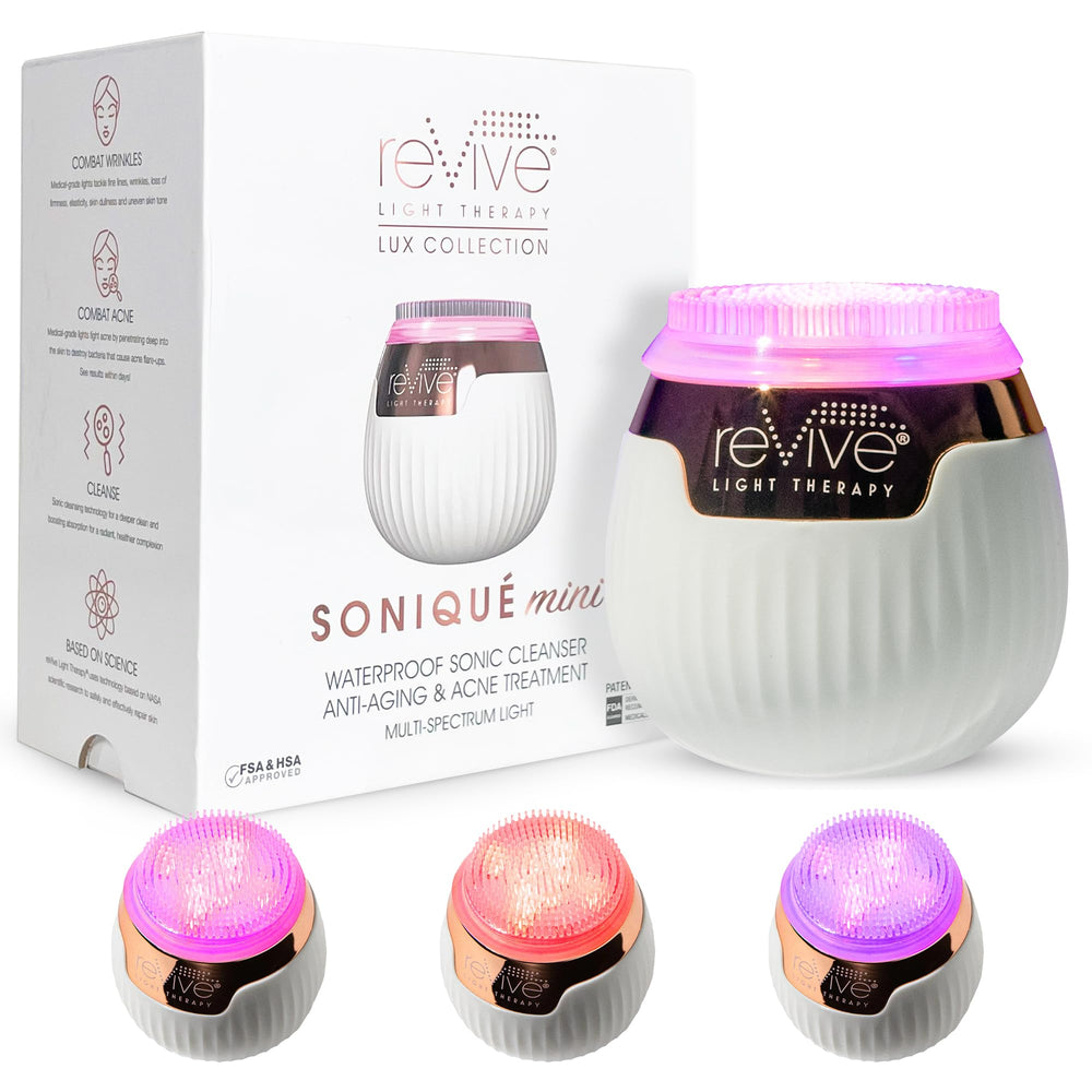 Soniqué Mini de reVive Light Therapy, brosse visage pour nettoyage en douceur.
