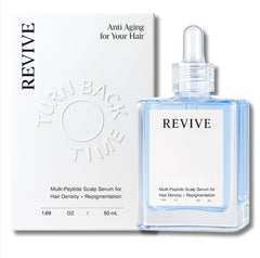 Bouteille Revive montrant les cuivre-peptides, promesse de vitalité capillaire.