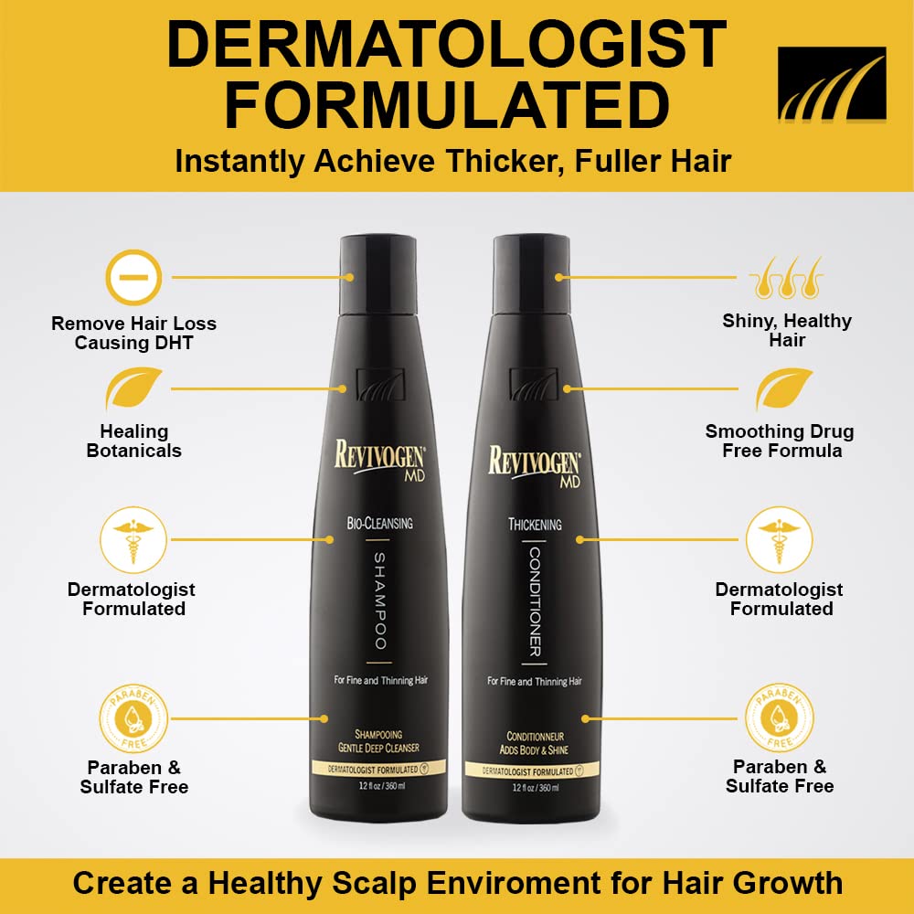 Après-shampooing Revivogen MD, bouteille épaisse, texture lissante pour cheveux plus épais.