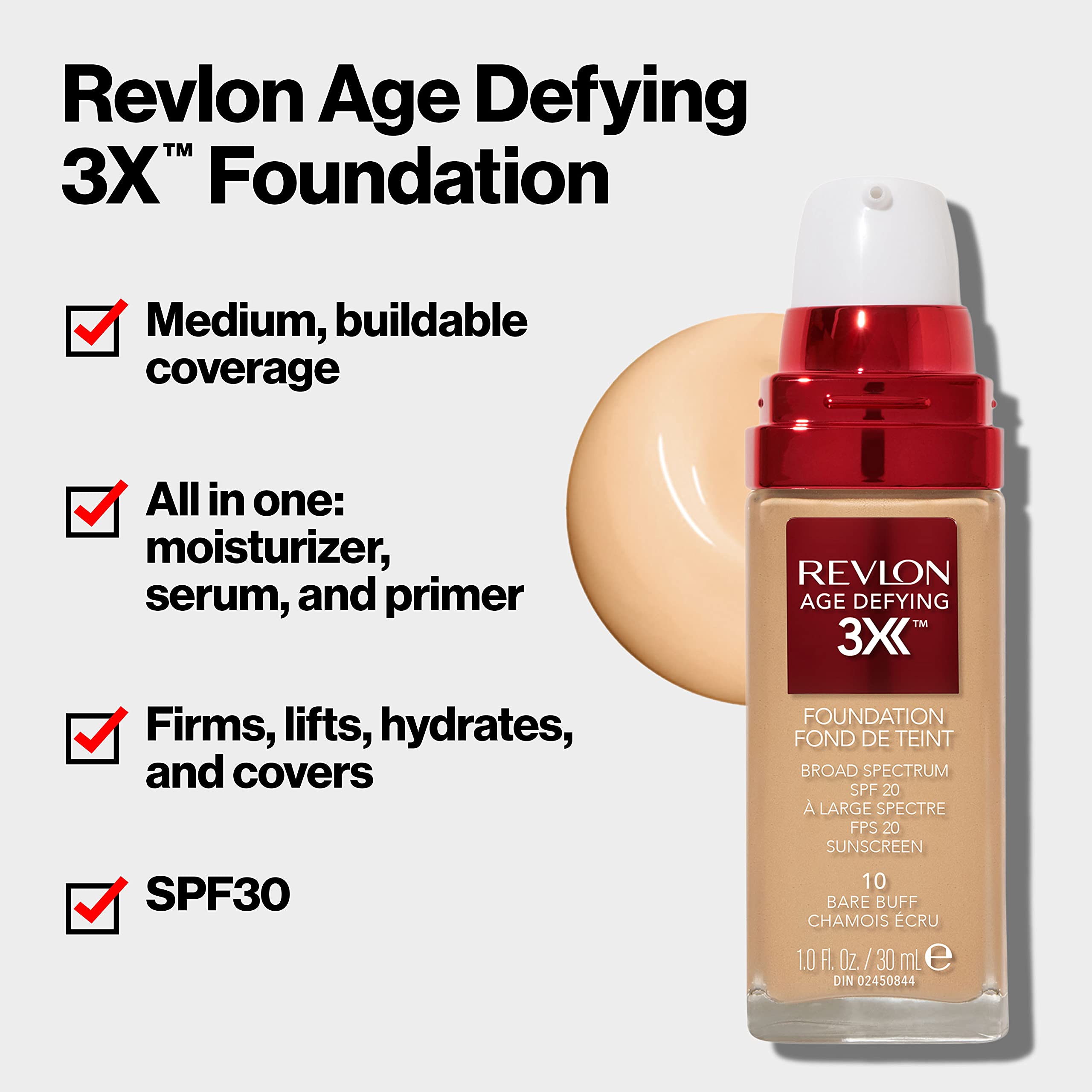 Fini naturel du fond REVLON Age Defying 3X pour teint léger.