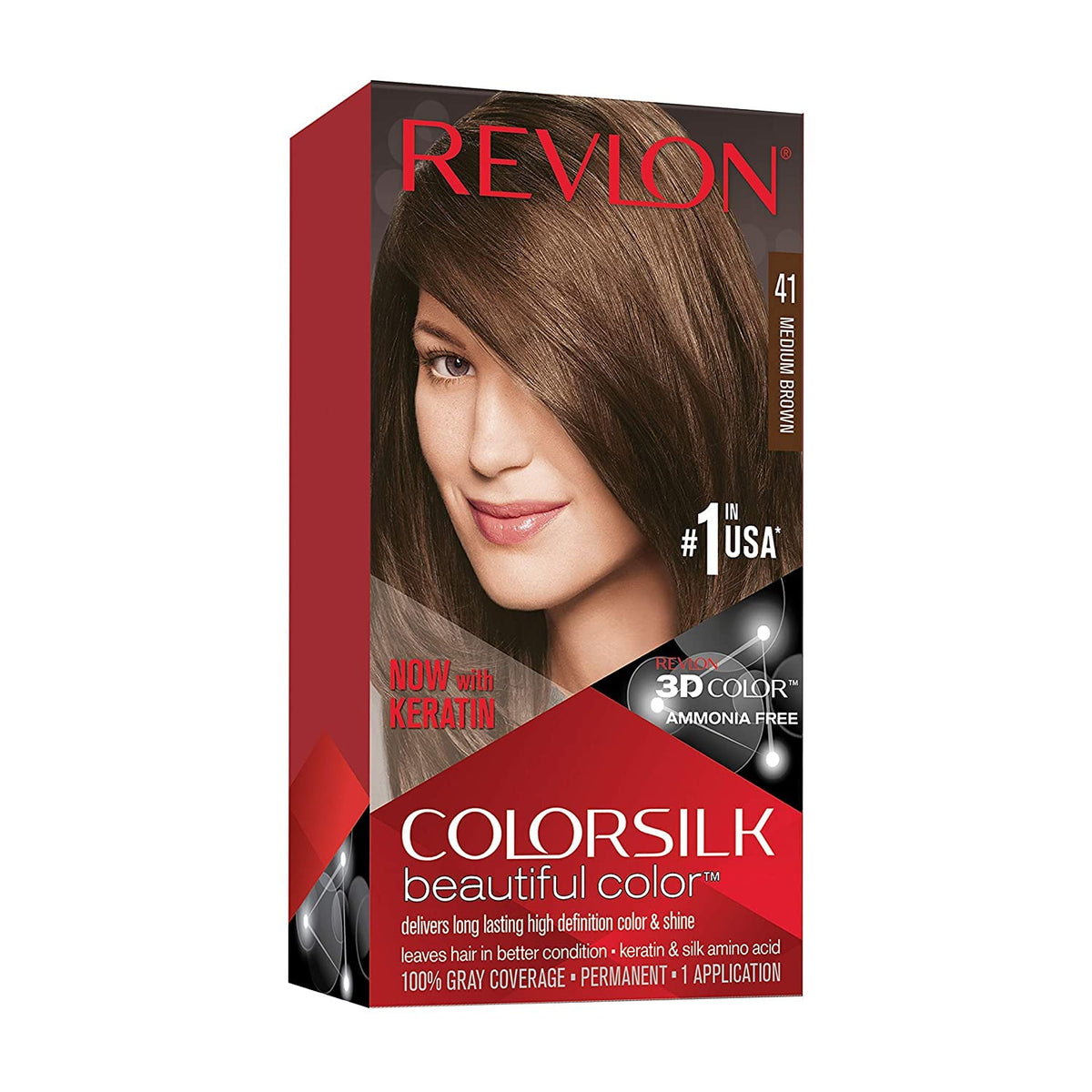 REVLON ColorSilk 41 Medium Brown, emballage et couleur prête à l’emploi