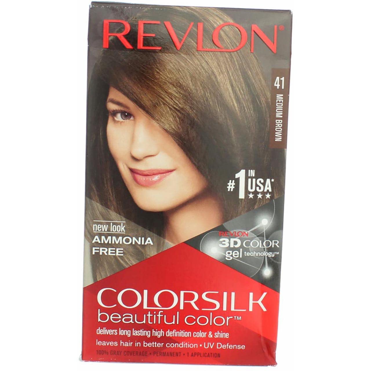 Revlon ColorSilk 41 Medium Brown – bouteille couleur et nuance naturelle.