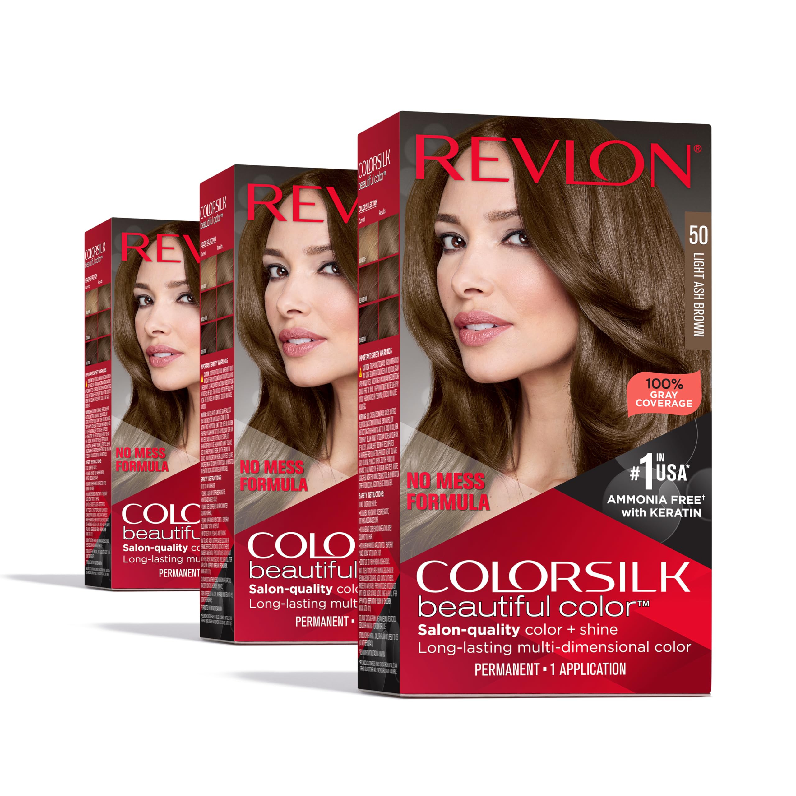 REVLON Colorsilk Chatain-Clair-Cendre, couverture grise à 100% et couleur naturelle lumineuse