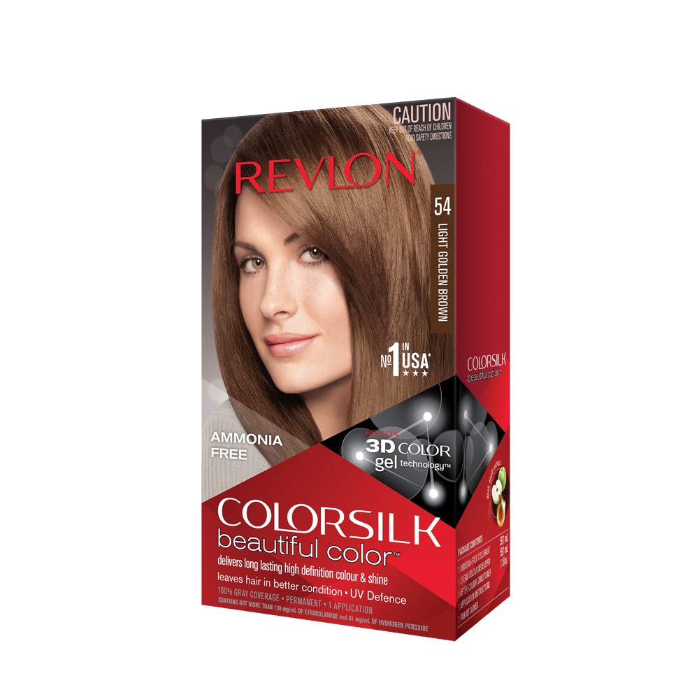 Revlon Colorsilk Light Golden Brown : résultat couleur uniforme et éclat durable sur cheveux.