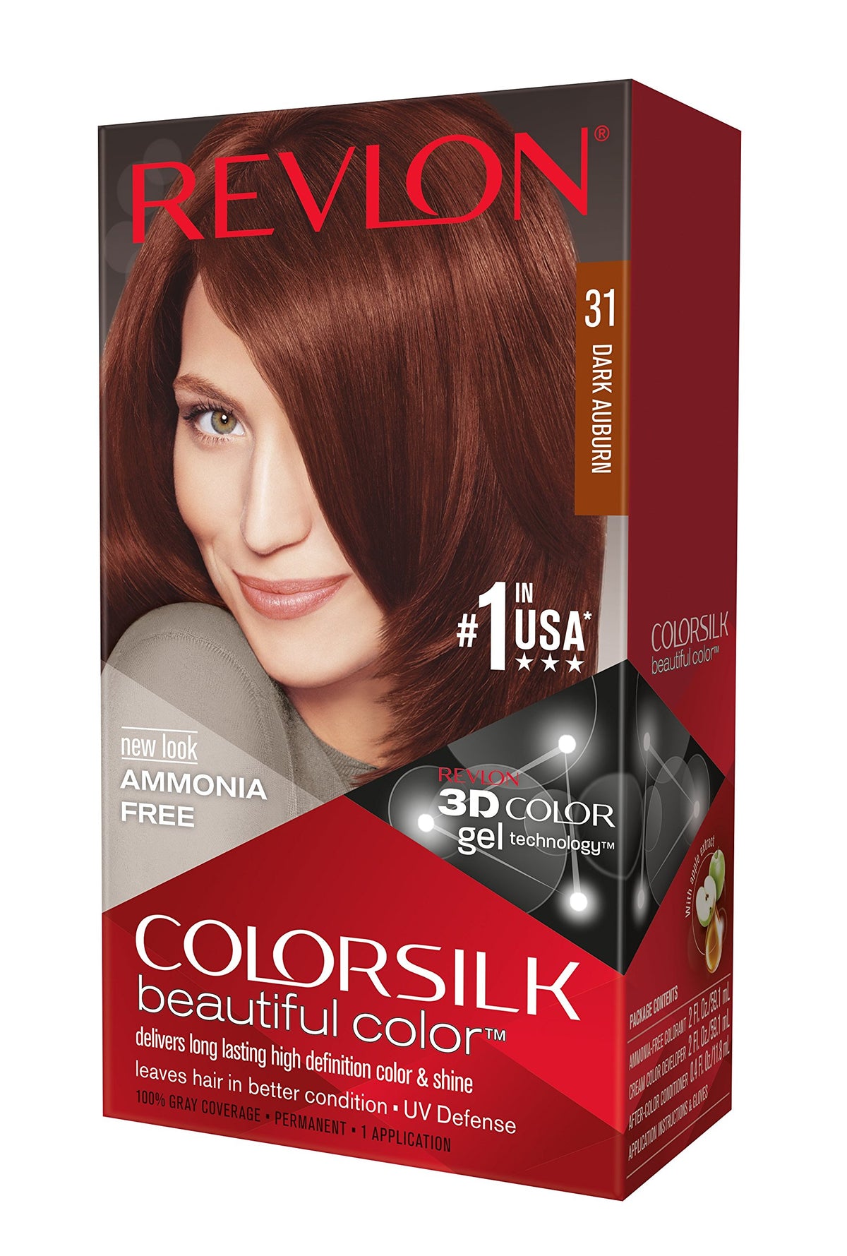 Revlon ColorSilk emballage couleur auburn sombre et teinte naturelle