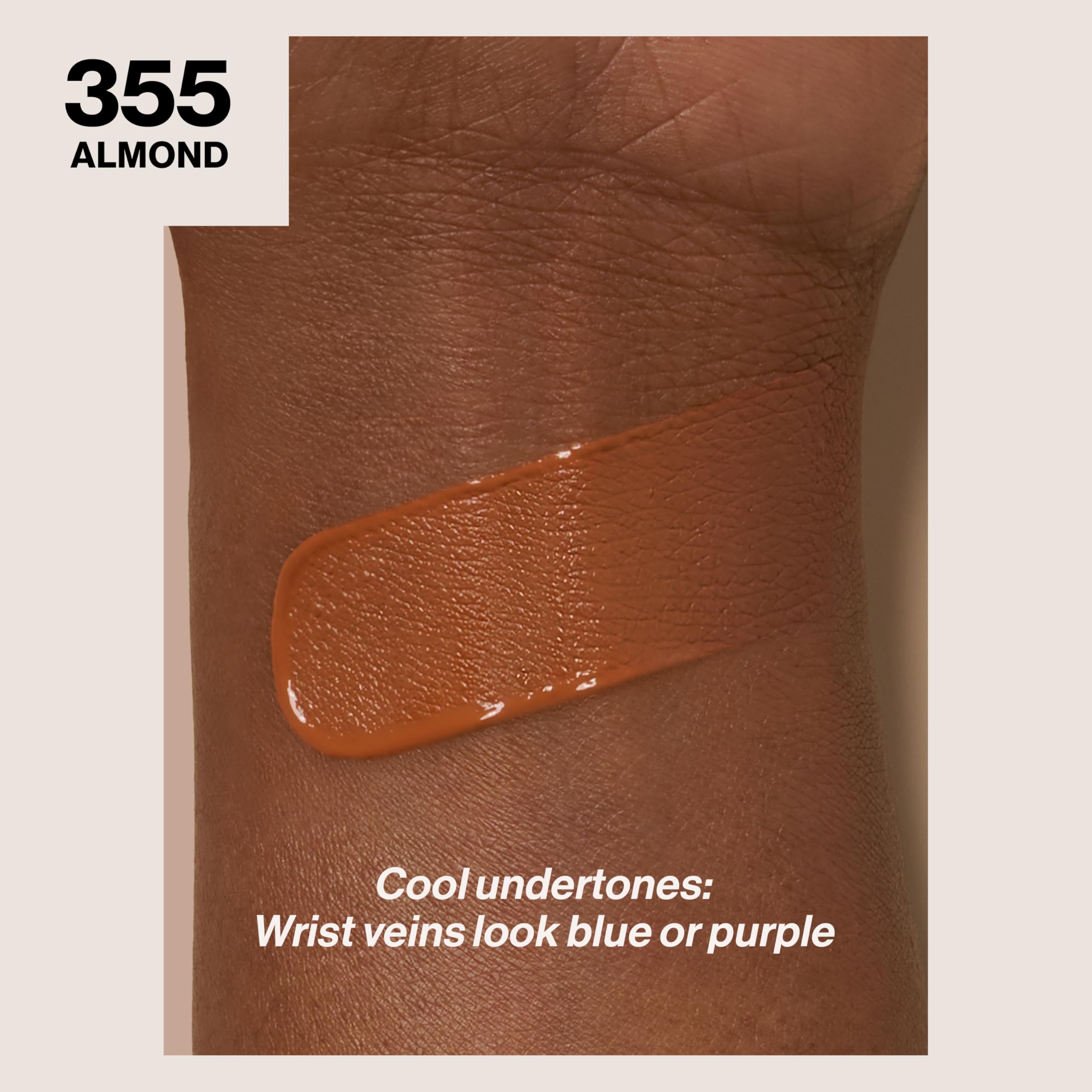 REVLON ColorStay: échantillons teinte Almond 355 montrant couleur naturelle et couvrance modulable.
