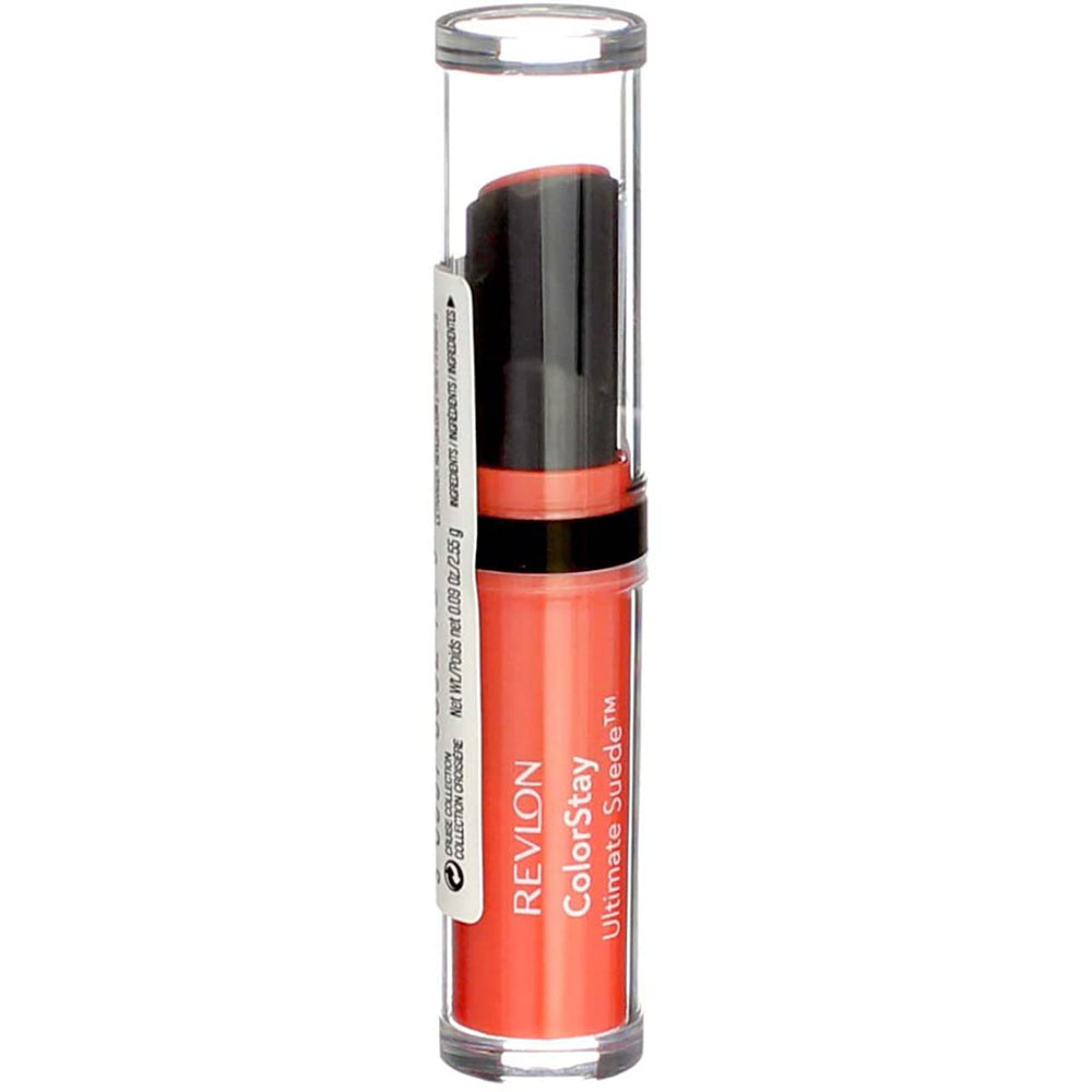 REVLON ColorStay Ultimate Suede Cruise lipstick longwear test demonstrates reliable color.