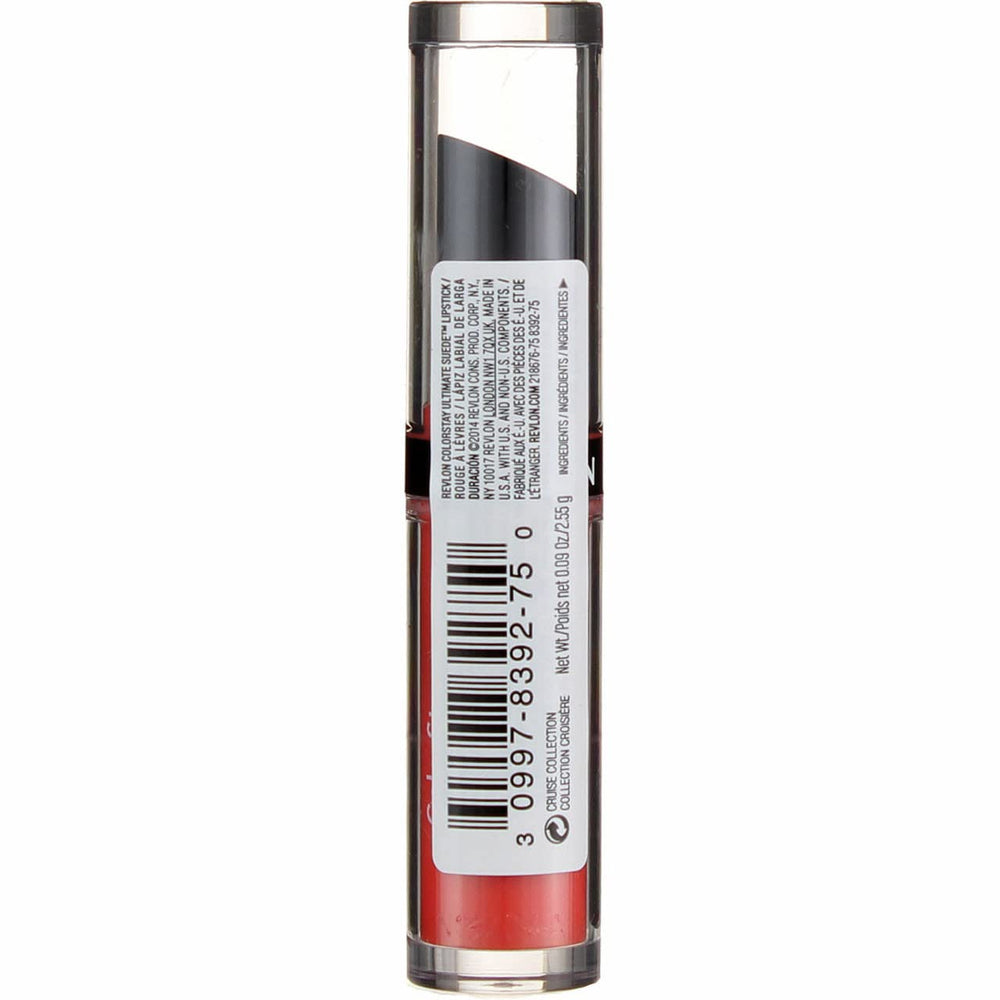 REVLON ColorStay Ultimate Suede Cruise lipstick texture closeup highlights creamy, velvety feel.