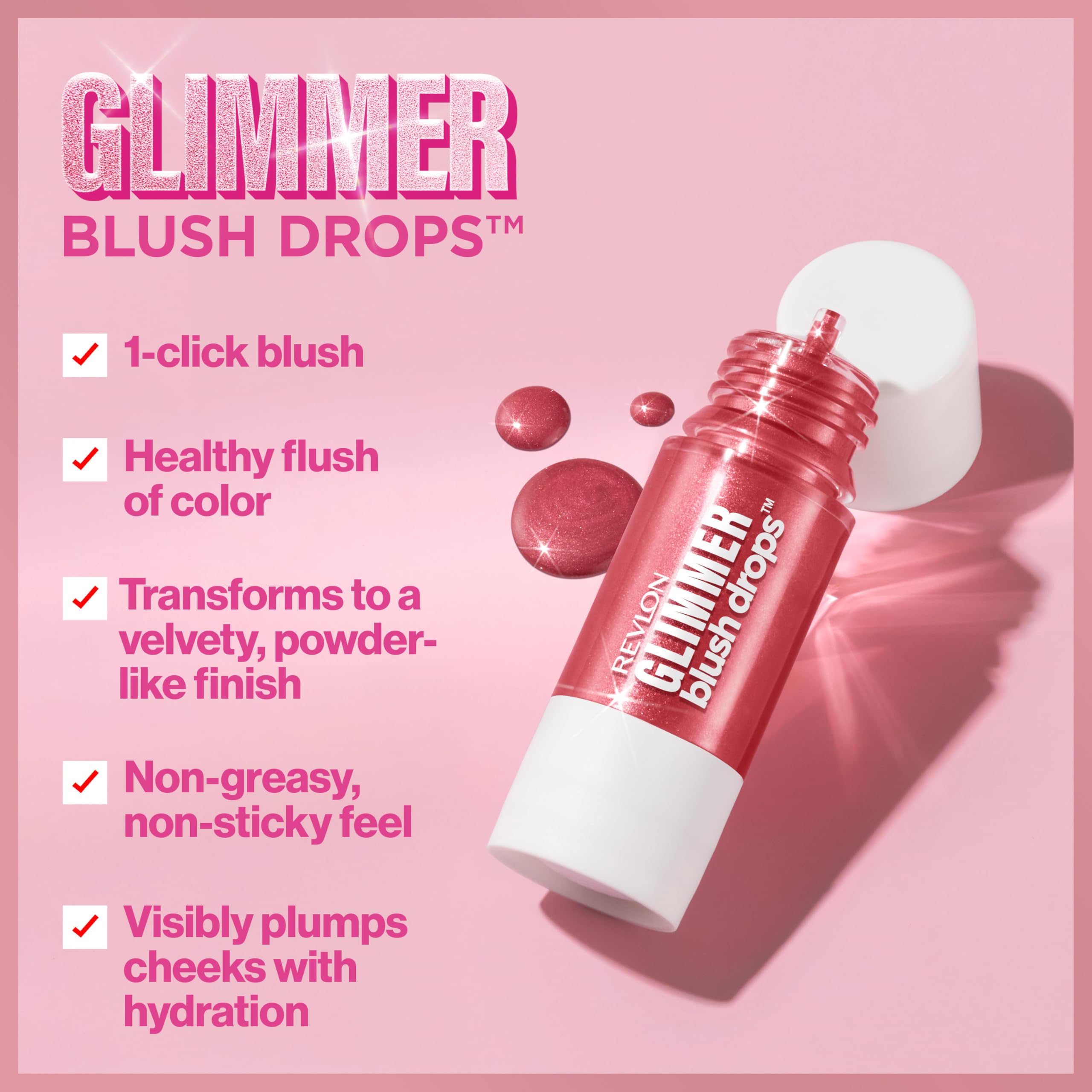 Application en 1 clic pour des joues fraîches avec Revlon Glimmer Blush Drops.