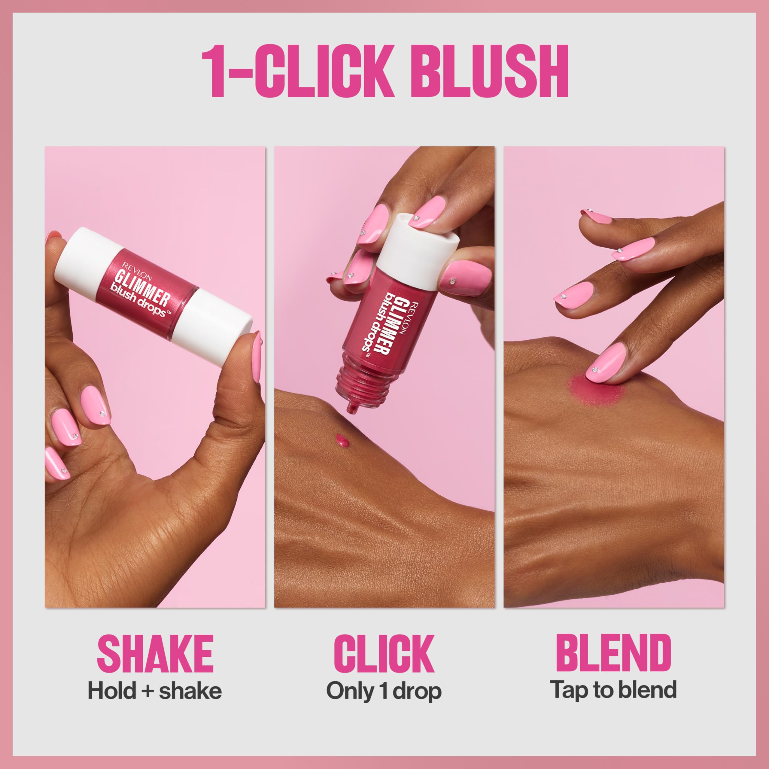 Texture sérum qui se transforme en finition poudrée avec Revlon Glimmer Blush Drops.