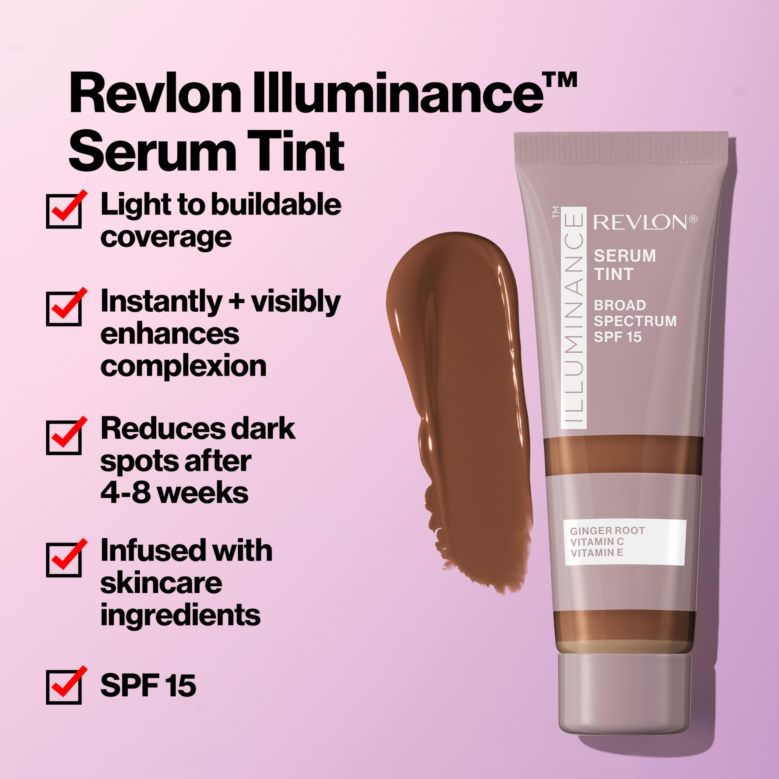 Texture légère du sérum REVLON sur la peau, fini satinée.