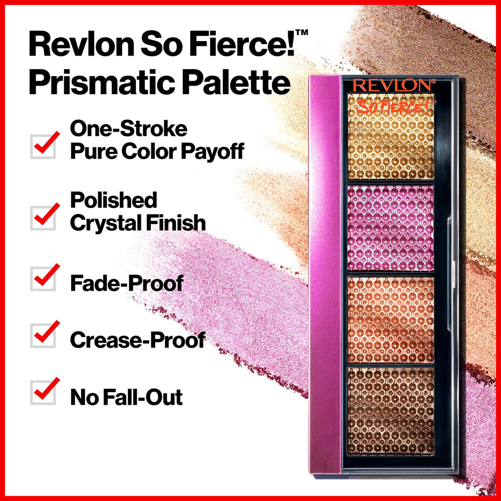 Échantillons nuanciers REVLON So Fierce Prismatic démontrant texture crème et couleur intense.