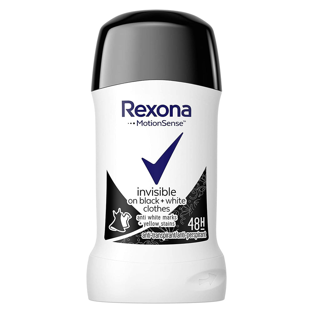 Rexona Motion Sense Invisible Noir Blanc bâton 40 ml, protection durable et anti-odeur.