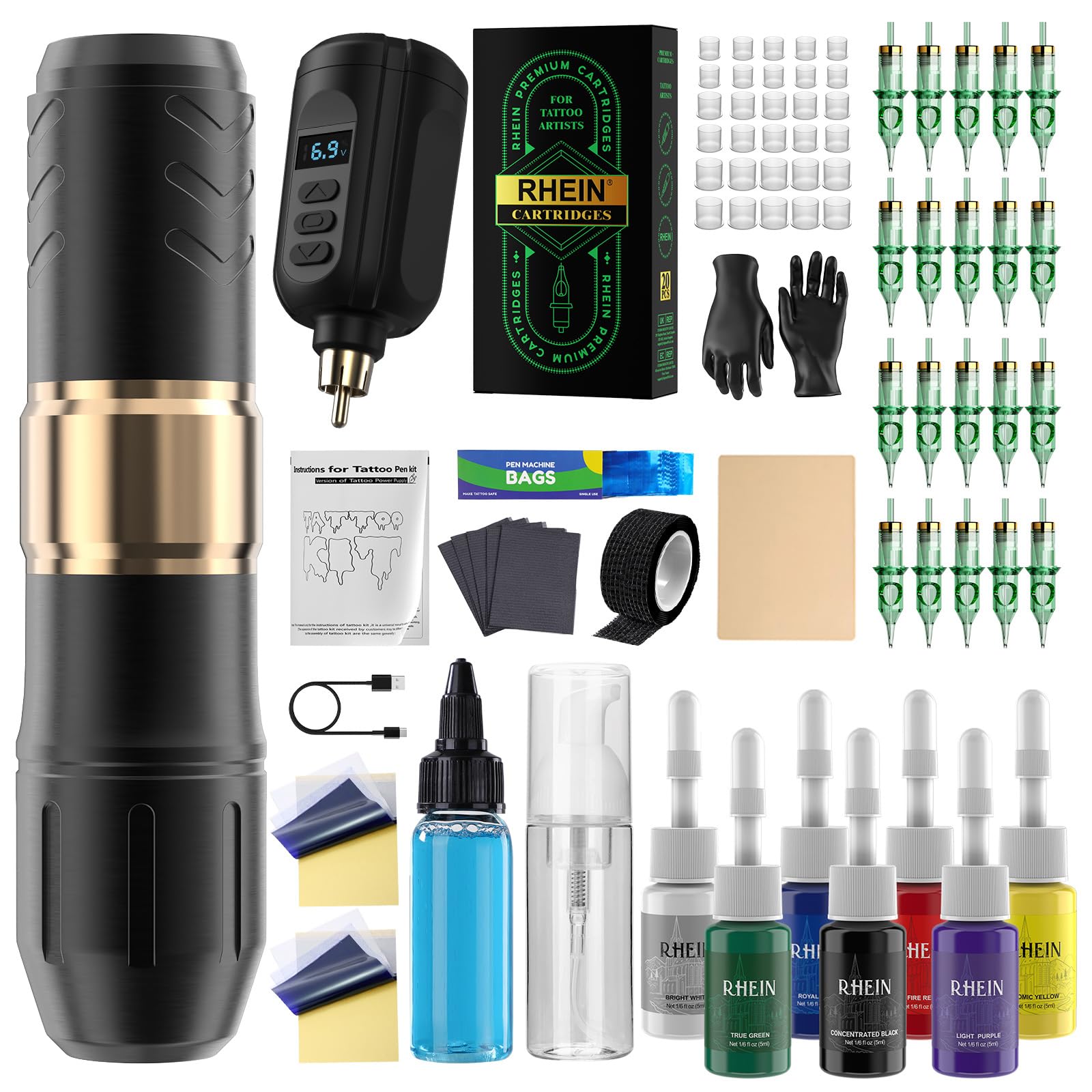 Kit RHEIN stylo tatouage sans fil : outil prêt pour apprentissage et tracés nets