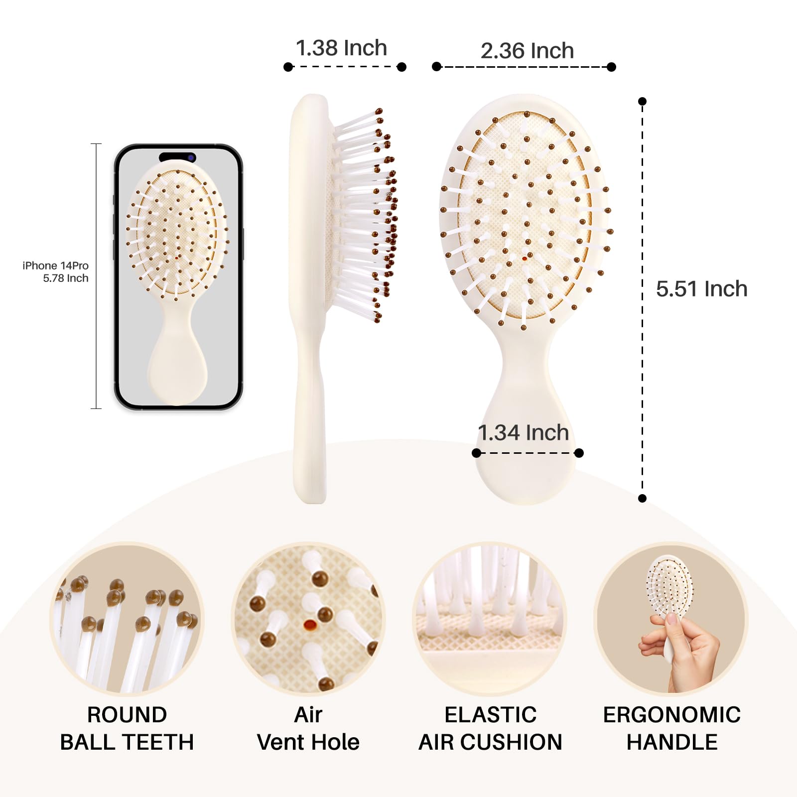 RHOS Mini brosse cheveux avec prise en main confortable et antidérapante.
