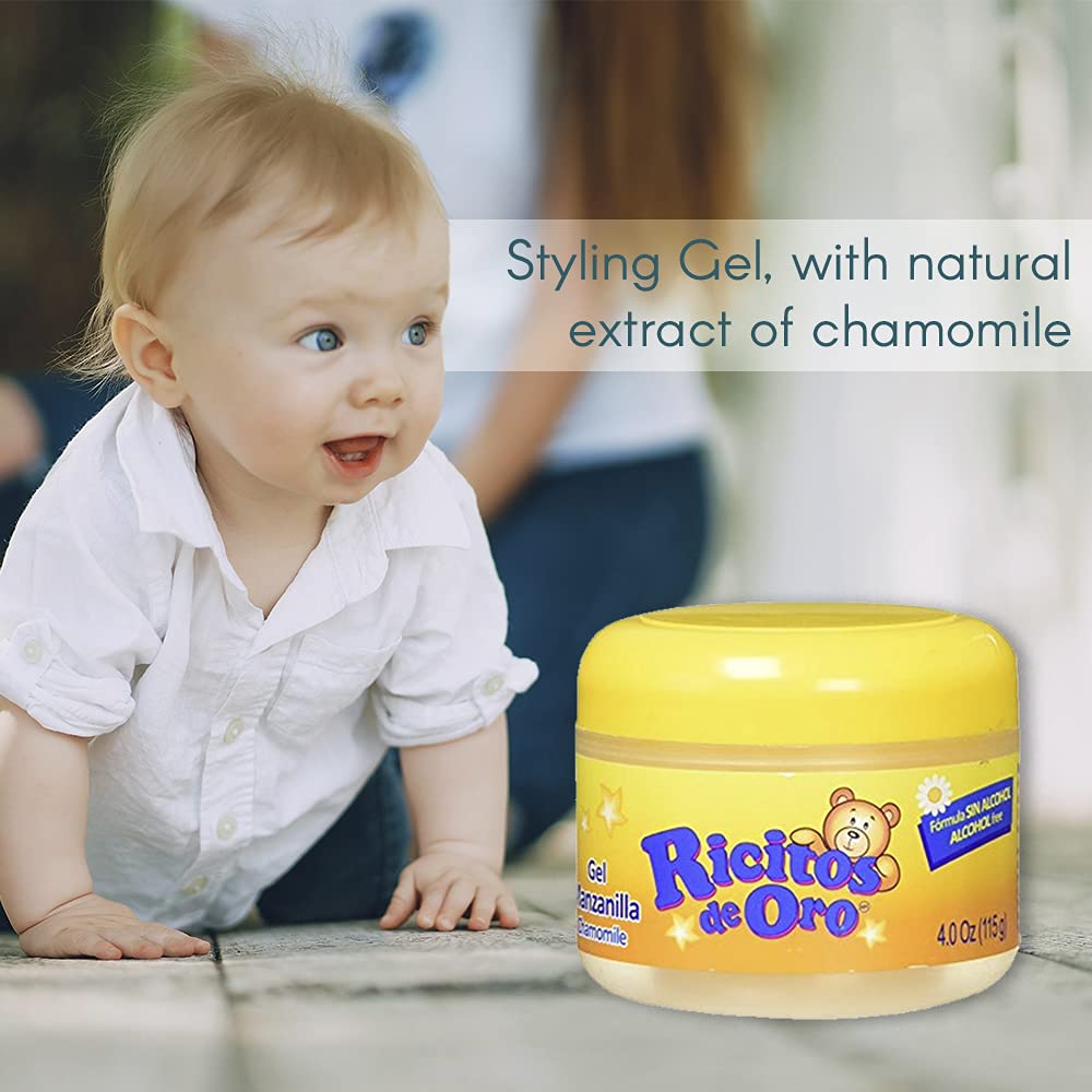Application quotidienne du gel Camomille Ricitos de Oro sur cheveux délicats.