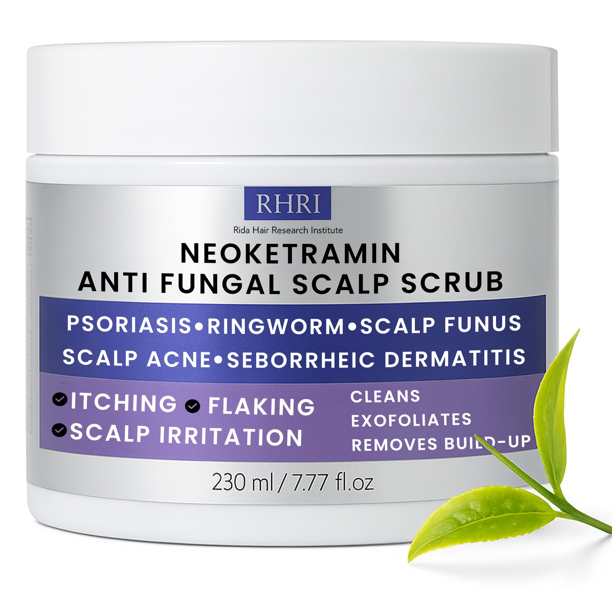 Gommage antifongique Rida Hair en bouteille, nettoie et apaise le cuir chevelu.