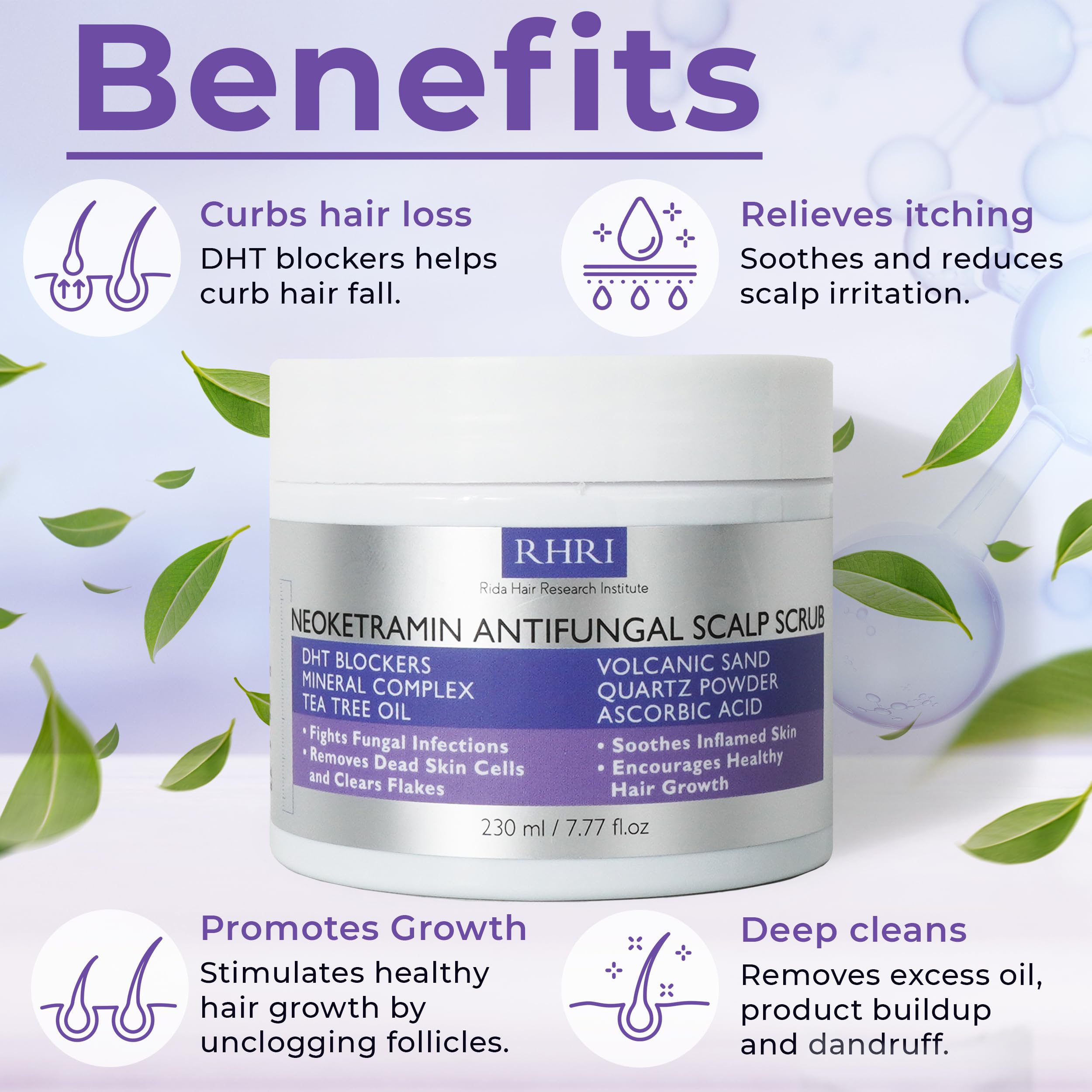 Ingrédients biotine et zinc dans le gommage antifongique pour cheveux plus forts.