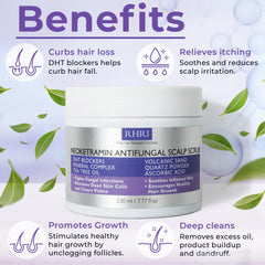 Ingrédients biotine et zinc dans le gommage antifongique pour cheveux plus forts.