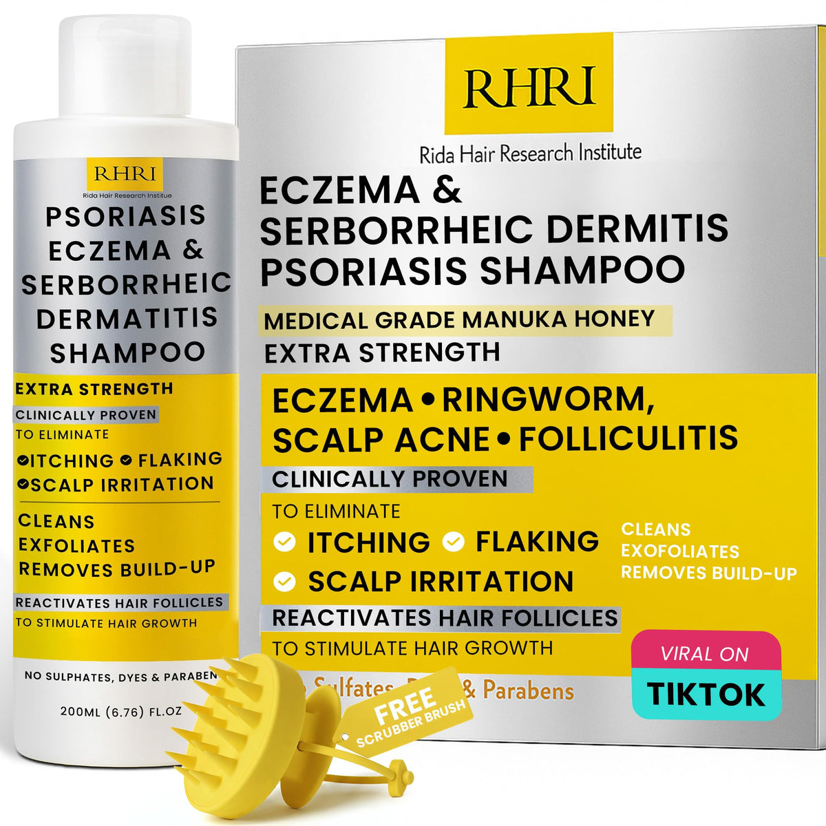 Shampoing psoriasis Rida Hair Research Institute, bouteille, soulage démangeaisons du cuir chevelu