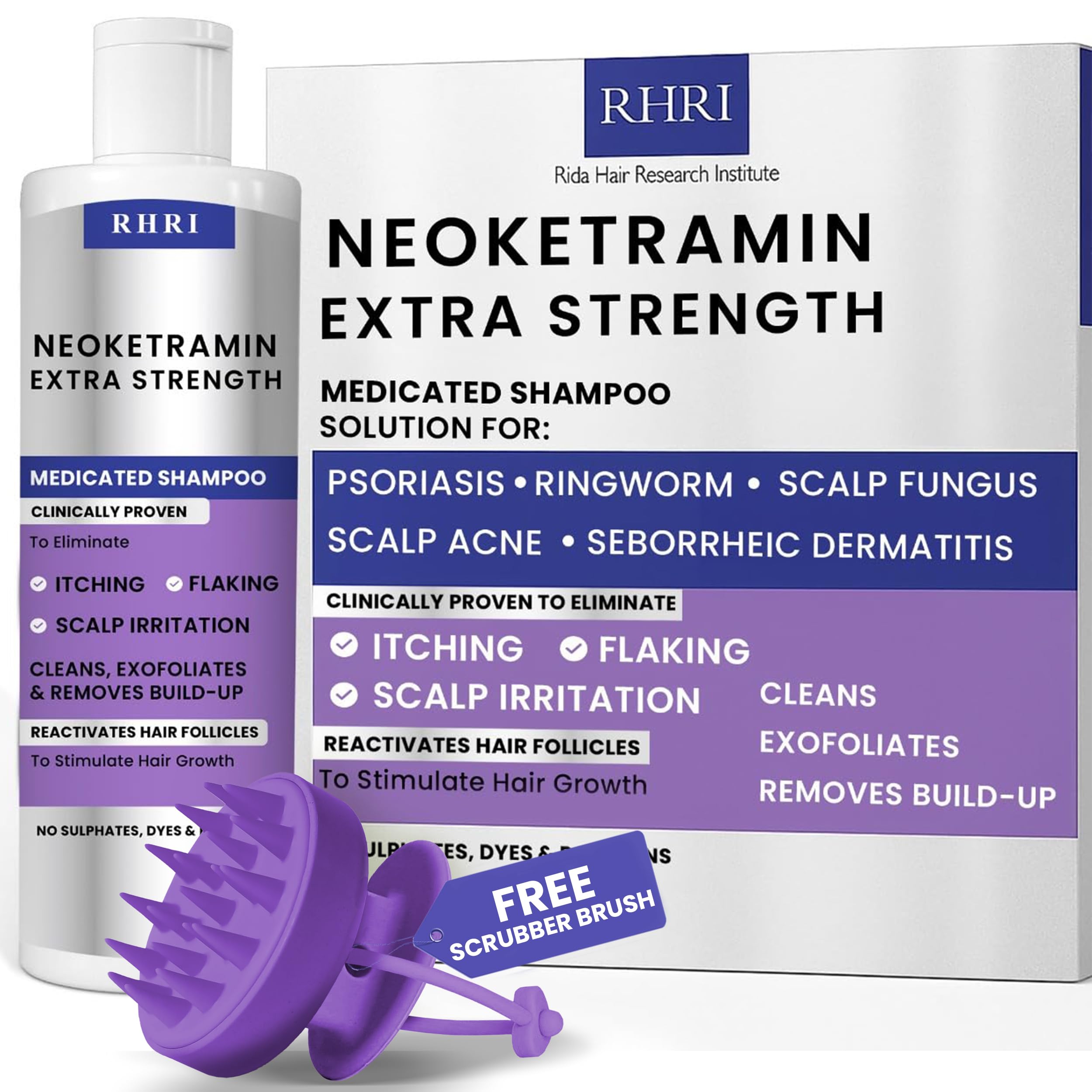 Shampoing anti-fongique Rida en bouteille pour pellicules et démangeaisons.