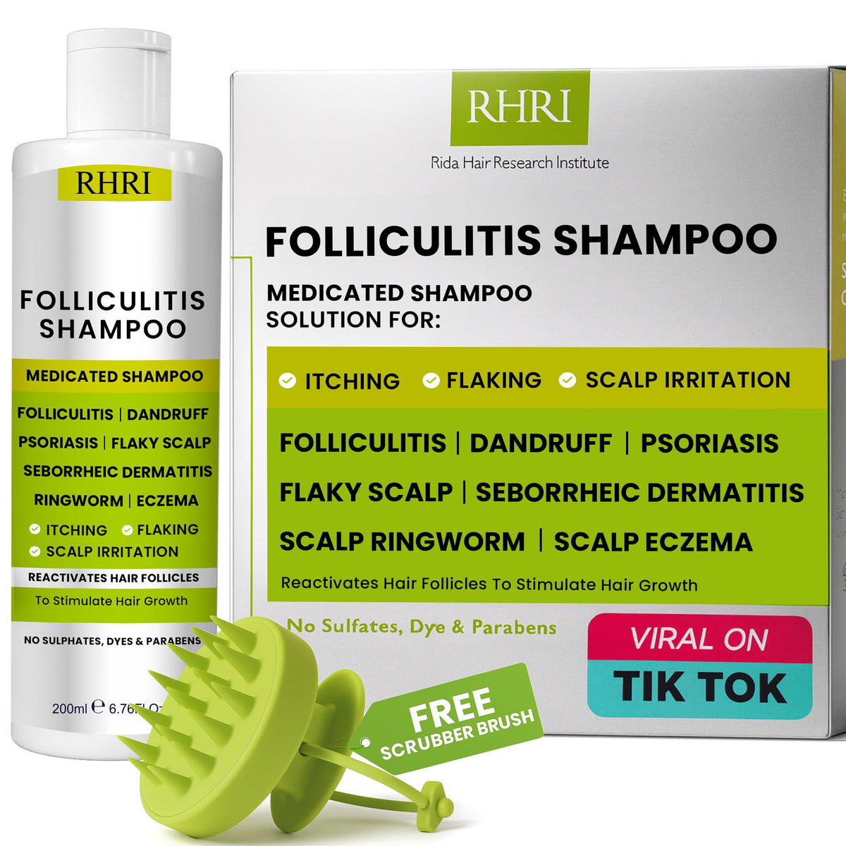 Rida Hair Research Institute Shampoing folliculite, bouteille prête à l’emploi, apaise démangeaisons.