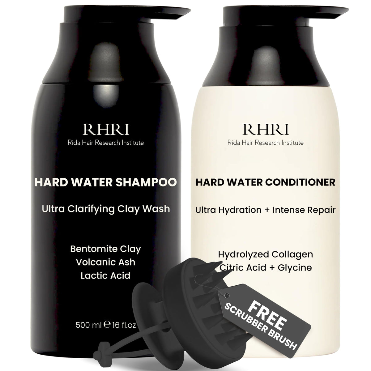 Rida Hair Research Institute shampooing eau dure, bouteille visible, clarifie les minéraux pour cheveux frais.