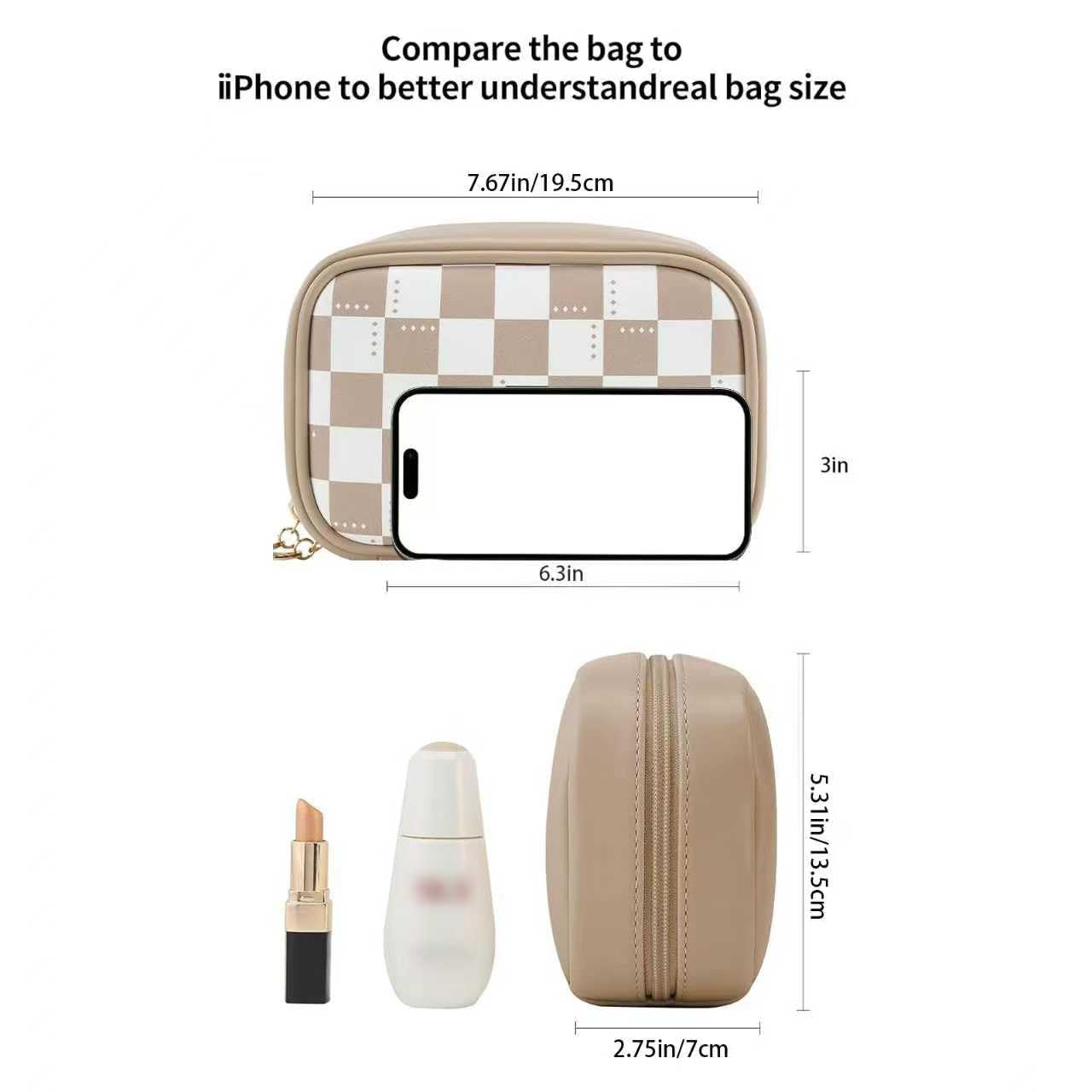 RIGHT AWAY trousse maquillage damier khaki ouverture zippée, accès rapide