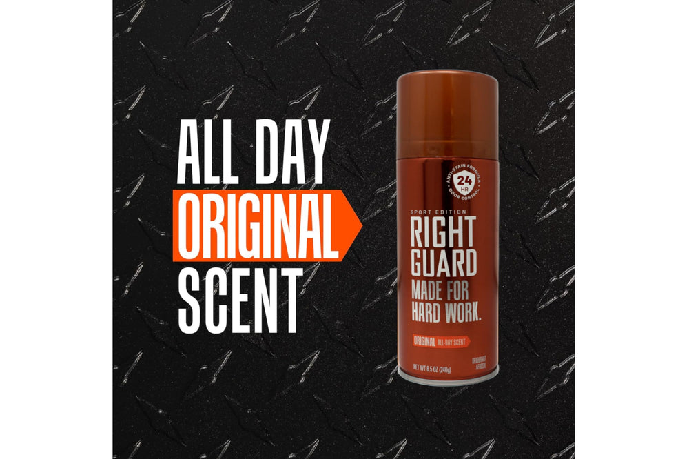 Right Guard Sport Déodorant aérosol Original – emballage compact pour le rangement.