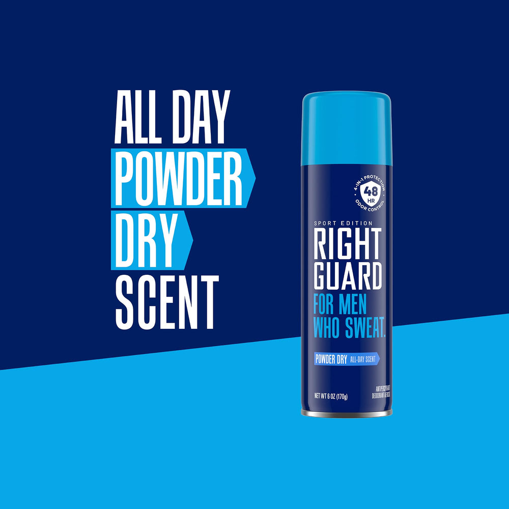 Right Guard Sport Powder Dry Scent label closeup highlighting 48-hour odor protection