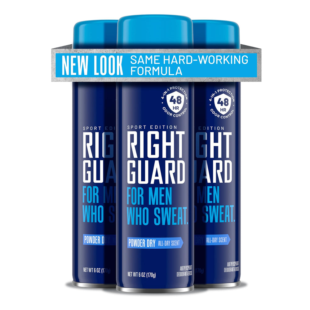 Right Guard Sport Powder Dry Scent spray can front view for all-day protection